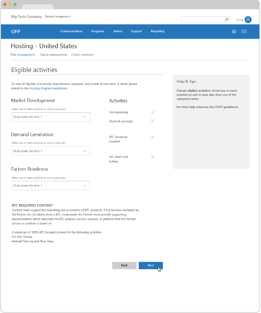 Selecting activities for the plan.